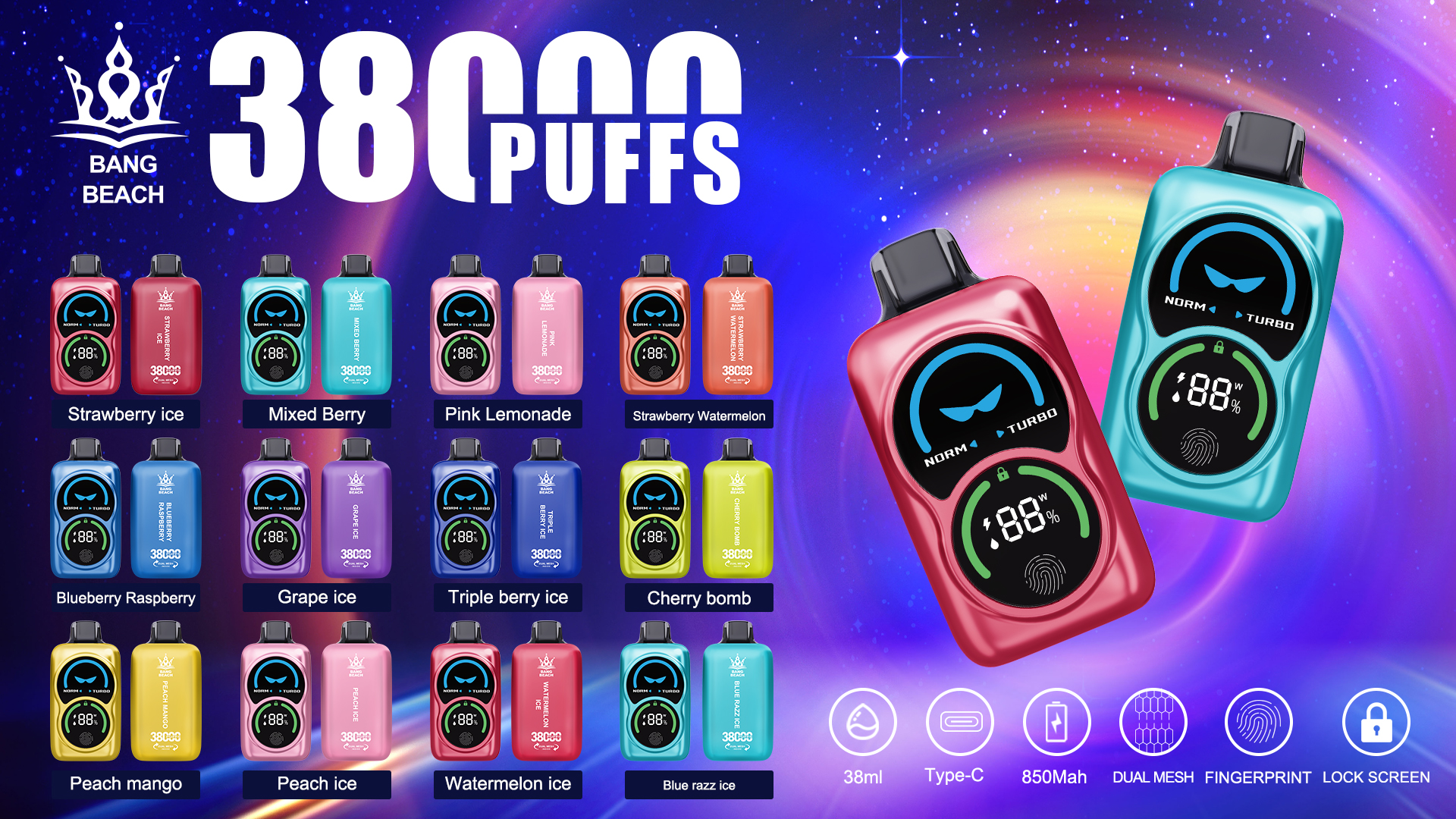 vapeablehouse.com Bang Beach 38K(38000) Puffs Fingerprint LED Display 0% 2% 3% 5% Nicotine 38 ml E-liquid Disposable Vape