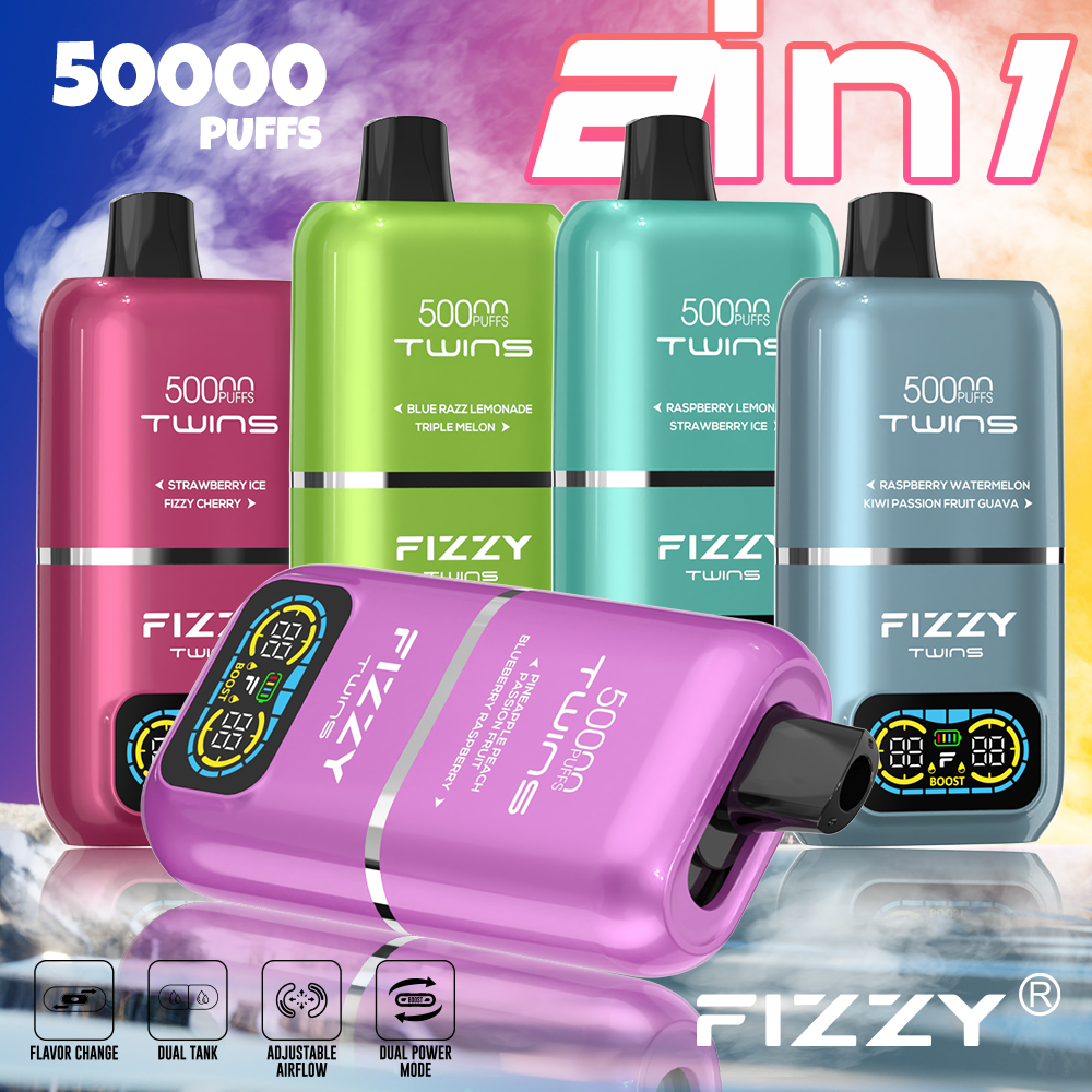 vapeablehouse.com FIZZY TWINS 50K(50000) Puffs Dual flavors 50ML of e-liquid mesh coil 850mAh battery 2%/5% nicotine LCD Screen Disposable Vape